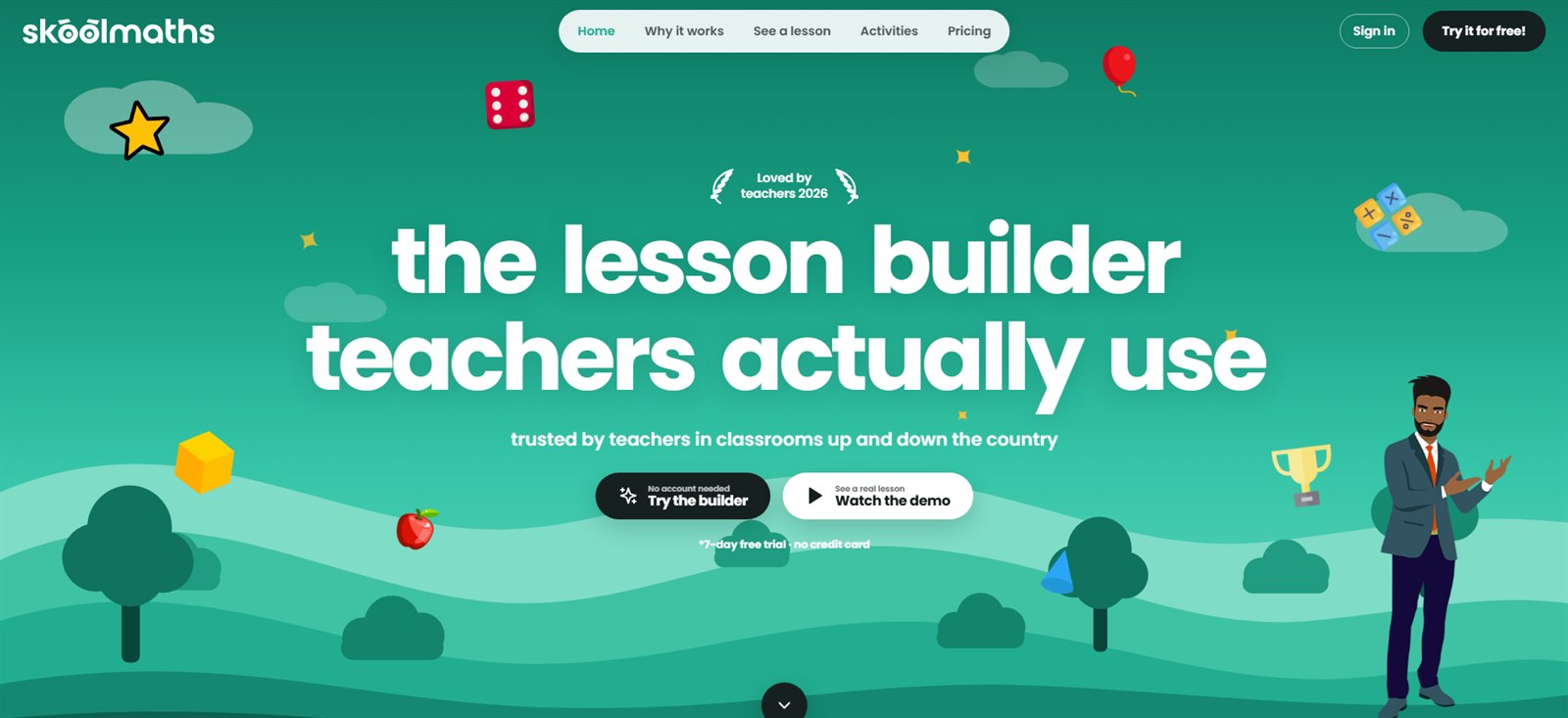 Skoolmaths landing page hero with the headline the lesson builder teachers actually use and two calls to action